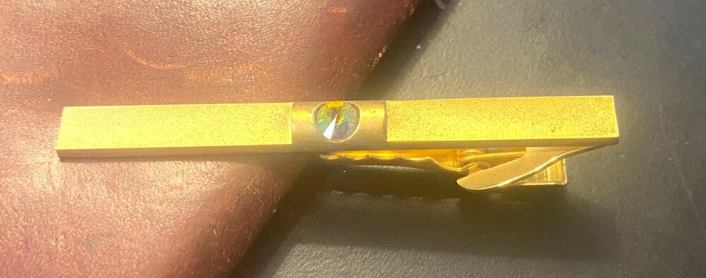VTG 2 1/2" Gold Tone Tie Bar, Light Blue Crystal Accent